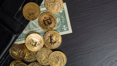 bitcoins on wallet  backgroundの写真素材