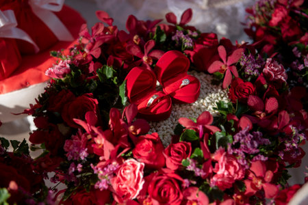 pair of wedding ring on red rose