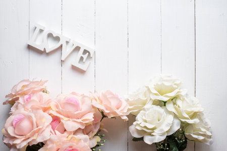 Wedding flower background on white woodの写真素材