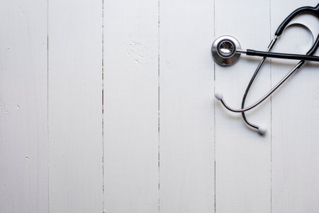 Medical background on white wood tableの写真素材