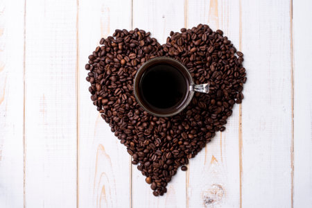 Coffee cup and coffee beans on white wooden table