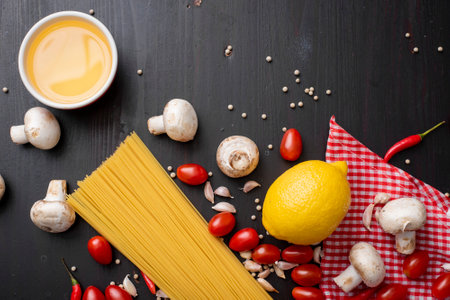 Spaghetti ingredients on black wooden desk, top view.の写真素材