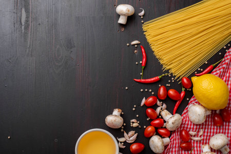 Spaghetti ingredients on black wooden desk, top view.の写真素材