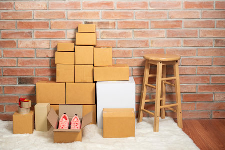 Packaging Boxes of delivery  in roomの写真素材