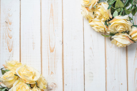 Top view of wedding flowers on white wood backgroundの写真素材