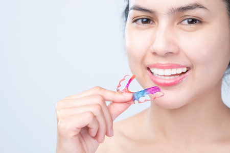 Close up beautiful teeth woman  with braces teeth