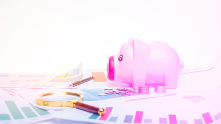 pig bank on finance data diagrams, financial backgroundの写真素材