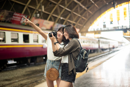 young tourist woman are enjoying in Bangkok, Thailandの写真素材