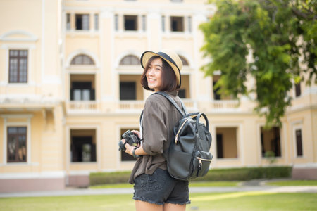 Young Asian travel woman is enjoying with beautiful place in Bangkok, Thailandの写真素材