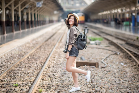 Young Asian travel woman is enjoying with beautiful place in Bangkok, Thailandの写真素材