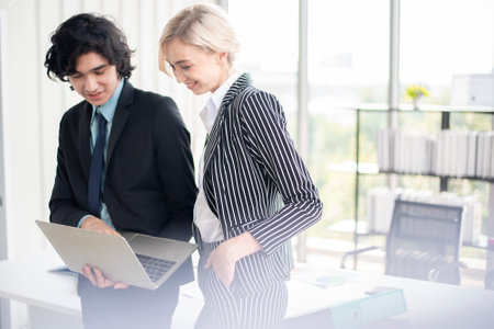 Business man and business woman are analytics business data, business plan conceptの写真素材