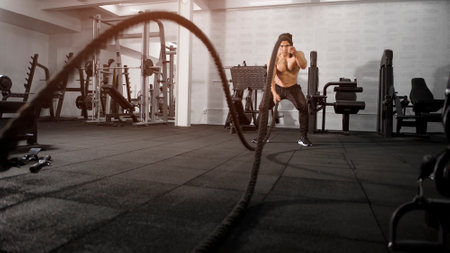 Asian athletic man with  rope doing exercise in fitness gymの写真素材