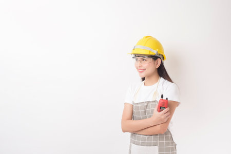 woman technician portrait on white background