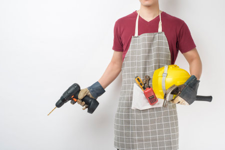 Technician man on white backgroundの写真素材