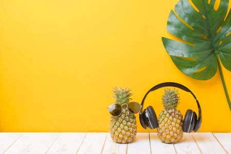 Happy pineapple on yellow background, Summer vacation conceptの写真素材