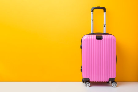 Pink baggage on yellow background, travel conceptの写真素材