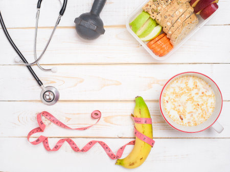 Diet food for healthy eating on white wooden  backgroundの写真素材