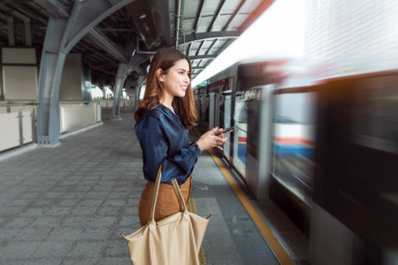 Beautiful business woman in metro train in cityの写真素材