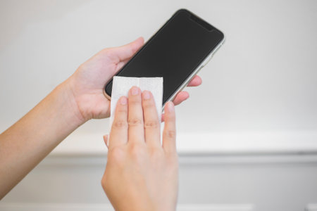 woman is cleaning cell phoneの写真素材