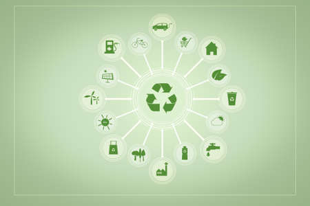 Ecological signs on green background , Save earth conceptの写真素材