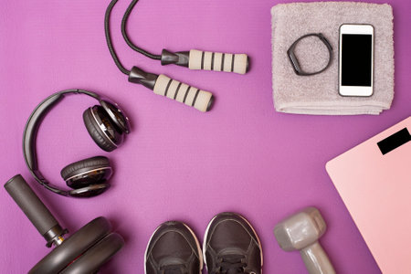 Fitness equipment on purple mat