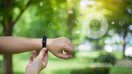 Human hand with fitness virtual screen, Healthcare technology concept