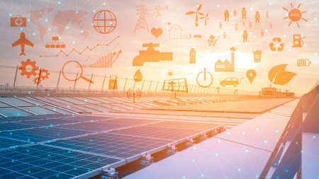 solar cell panels on rooftop with ecological icons  , Save energy concept