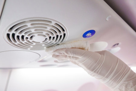 Close up hand is wearing gloves cleaning aircraft for covid-19 prevention pandemic , New normal...