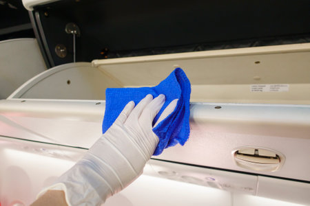 Close up hand is wearing gloves cleaning aircraft for covid-19 prevention pandemic