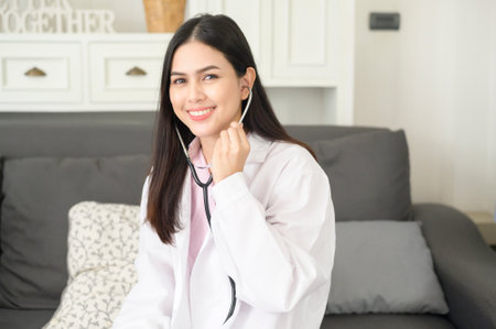 Portrait of Female doctor with stethoscope at office and smiling at camera.