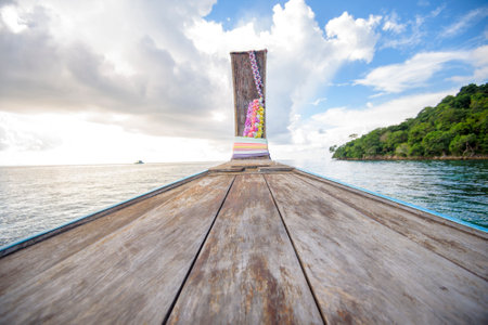 View of thai traditional longtail Boat over clear sea and sky in the sunny day, Phi phi Islands,...