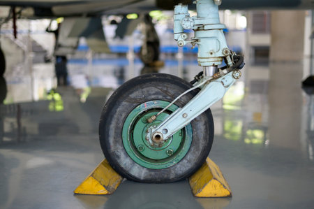 Close up of airplane wheel in an airfieldの写真素材