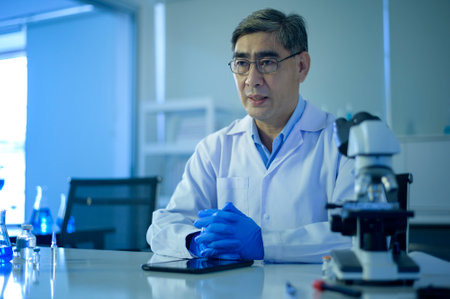 Scientist using video conference with colleagues consulting about Testing for Coronavirus Covid19...