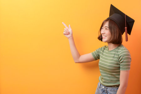 A portrait of young Asian student wearing graduation cap over studio background.の写真素材