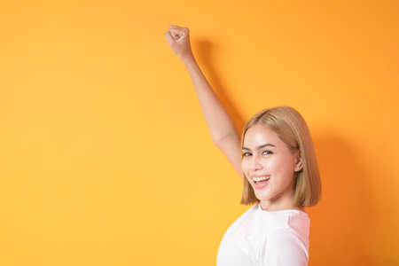 A portrait of short blonde hair woman in studio