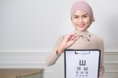 A young muslim woman holding a vision chart test for measuring visual acuityの写真素材