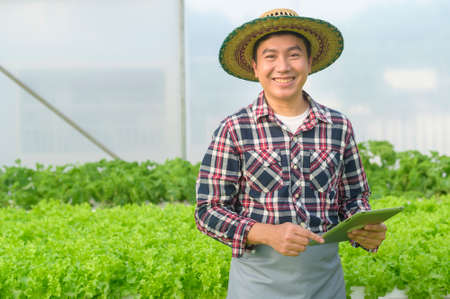 A happy male farmer working using tablet in hydroponic greenhouse farm, clean food and healthy eating conceptの写真素材