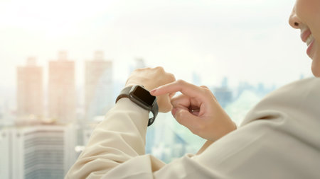 Human hand touching virtual screen in modern office, technology conceptの写真素材