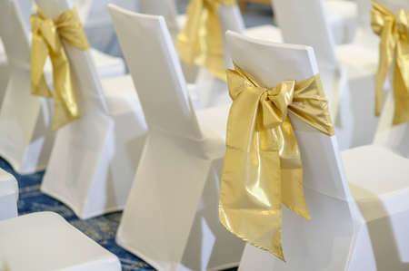 white elegance luxury wooden chairs  in wedding ceremonyの写真素材