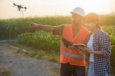A male engineer  provide a consultation and instructing to smart farmer with drone spraying...