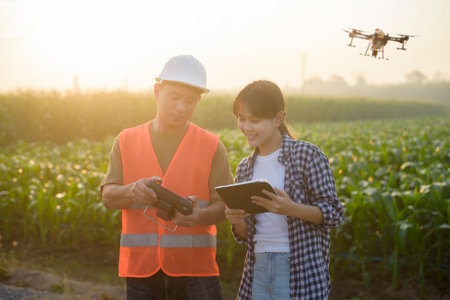 A male engineer  provide a consultation and instructing to smart farmer with drone spraying fertilizer and pesticide over farmland,High technology innovations and smart farmingの写真素材