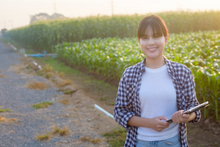 A young female smart farmer with tablet on field,High technology innovations and smart farmingの写真素材