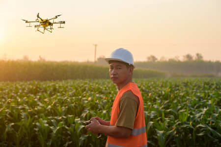 A male engineer controlling drone spraying fertilizer and pesticide over farmland,High technology innovations and smart farmingの写真素材
