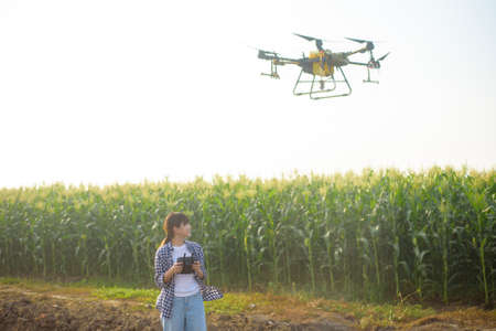 A young smart farmer controlling drone spraying fertilizer and pesticide over farmland,High technology innovations and smart farmingの写真素材