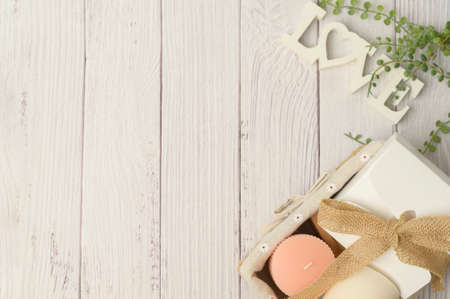 flowers with gift box on white background with copy spaceの写真素材