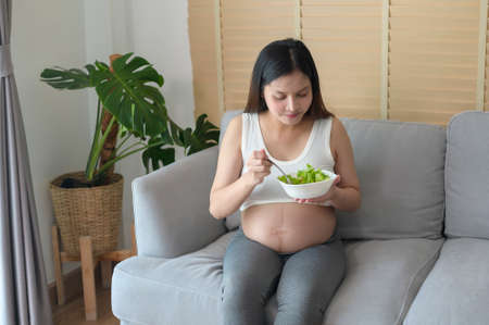 Young pregnant woman having salad at home, healthcare and pregnancy careの写真素材