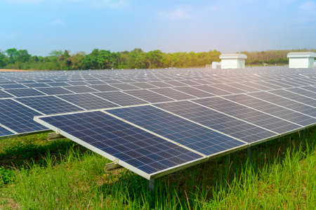 Background of Photovoltaic Cell Farm or Solar Panels Field, eco friendly and clean energy.