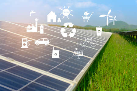 Background of Photovoltaic Cell Farm or Solar Panels Field, eco friendly and clean energy.