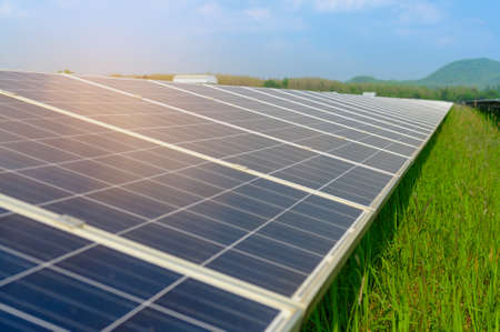 Background of Photovoltaic Cell Farm or Solar Panels Field, eco friendly and clean energy.