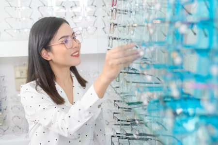 A young female customer choosing glasses in optical center, Eyecare concept.
